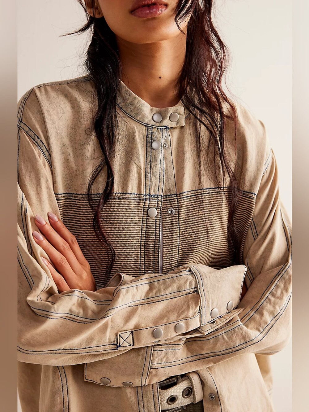 FREE PEOPLE We The Free Moto Colorblock Shirt Sand Jam $148 Retail Size Small